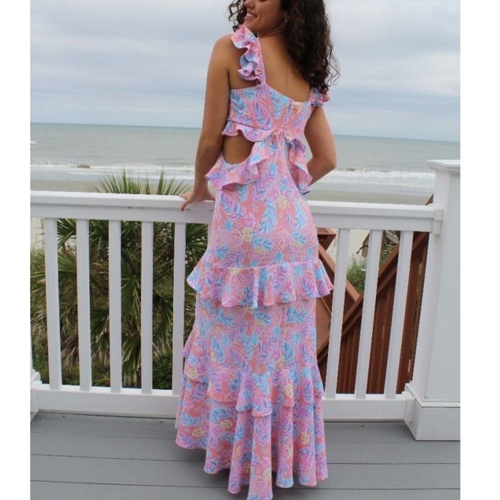 Simply Southern Pastel Pink Blue Floral Ruffle Maxi Dress
